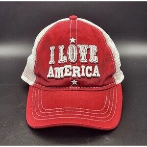 Shyanne I Love America Hat USA Cap Adjustable Garnet Red White Mesh Distressed